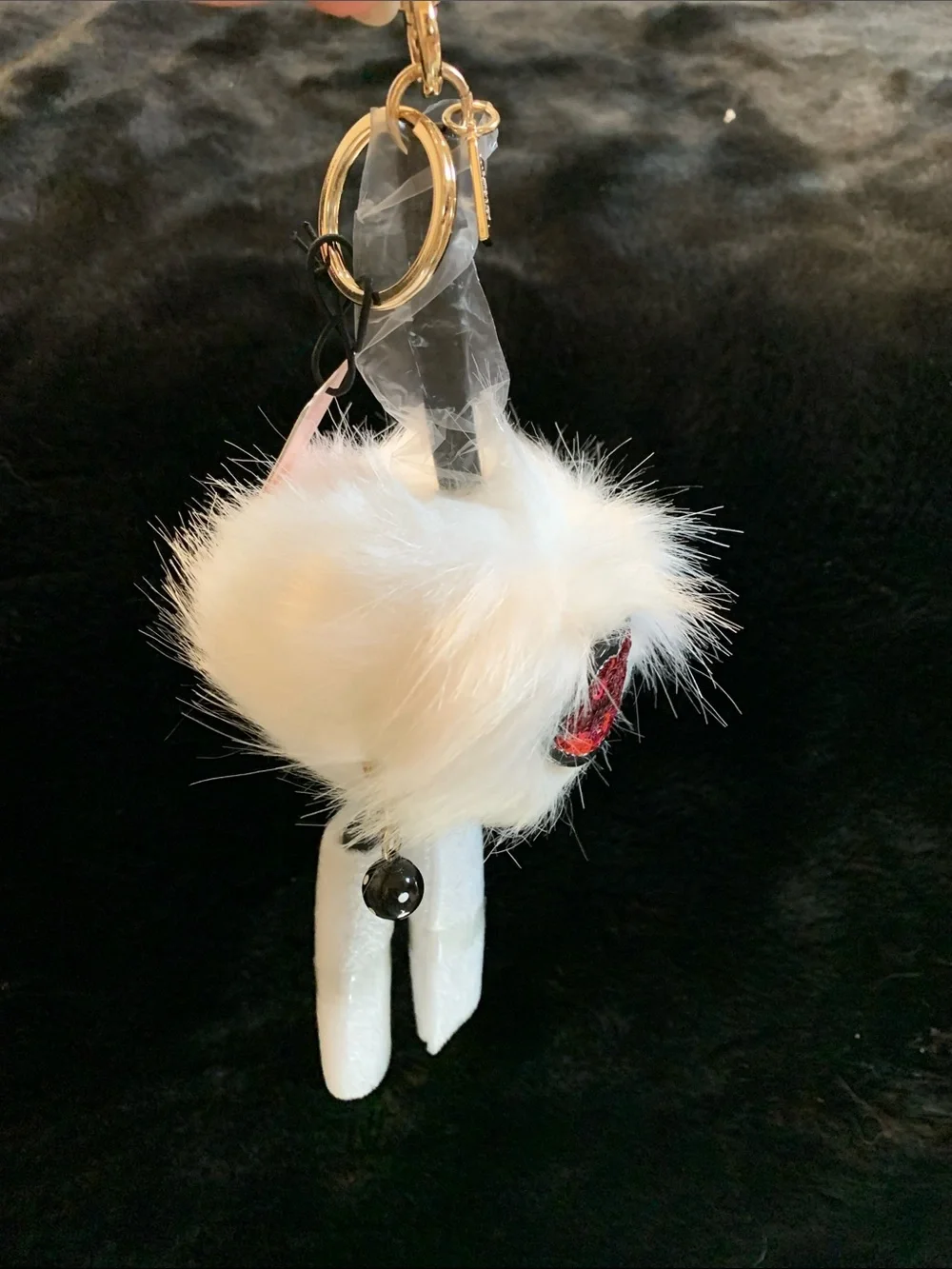Victoria's Secret White Faux Fur Pom Pom Keychain with Red Sequin Lip Accent